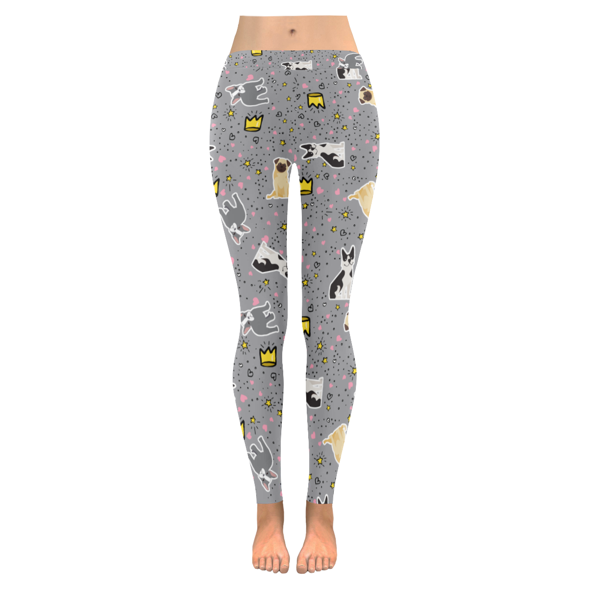 Pugs Frenchies Bostons Gray Women's Low Rise Leggings (Invisible Stitch) (Model L05)