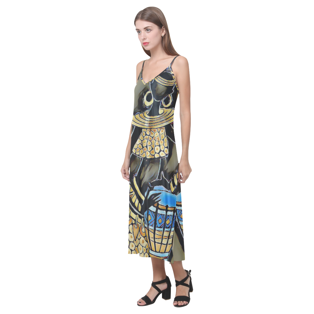 African Drummer V-Neck Open Fork Long Dress(Model D18)