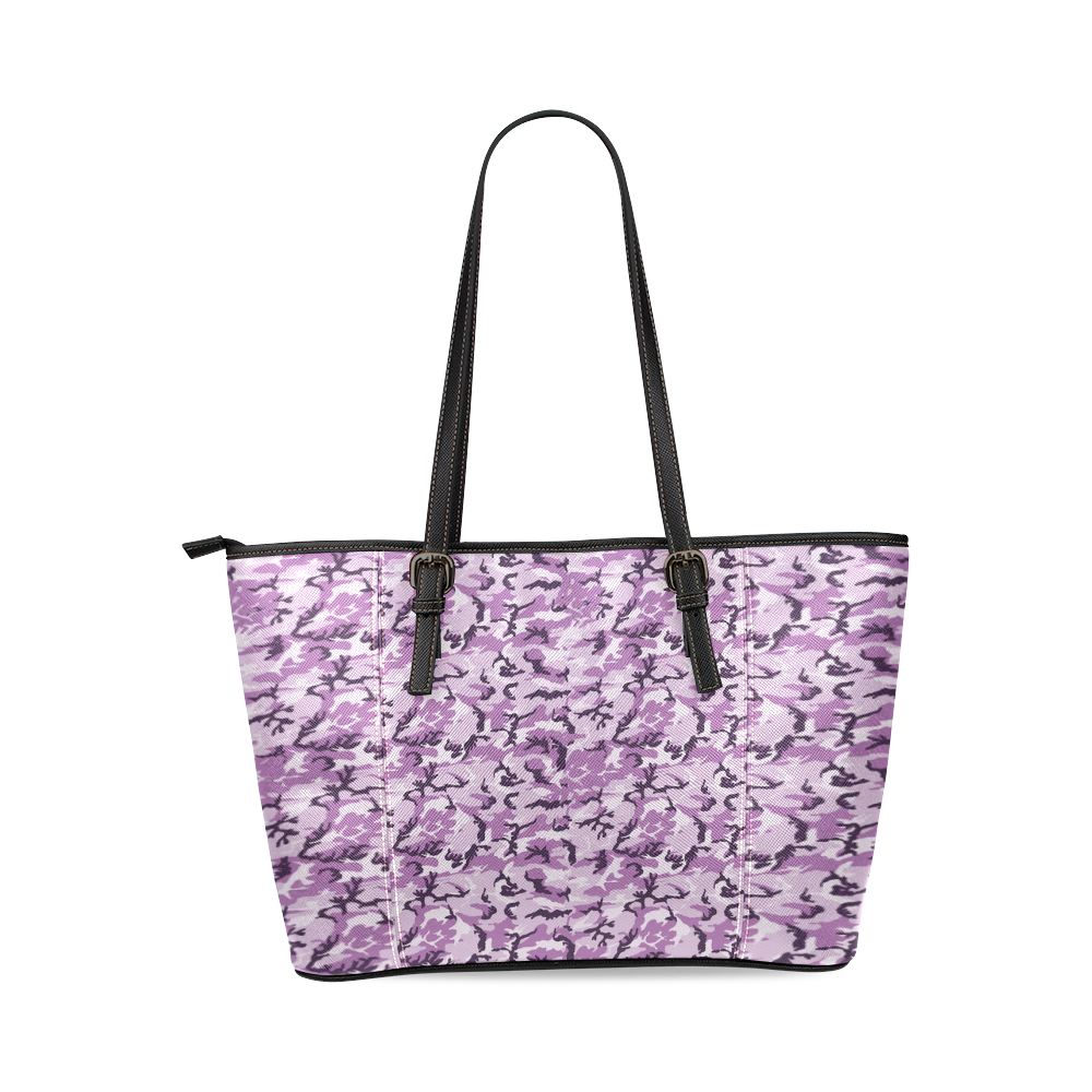 Woodland Pink Purple Camouflage Leather Tote Bag/Small (Model 1640)