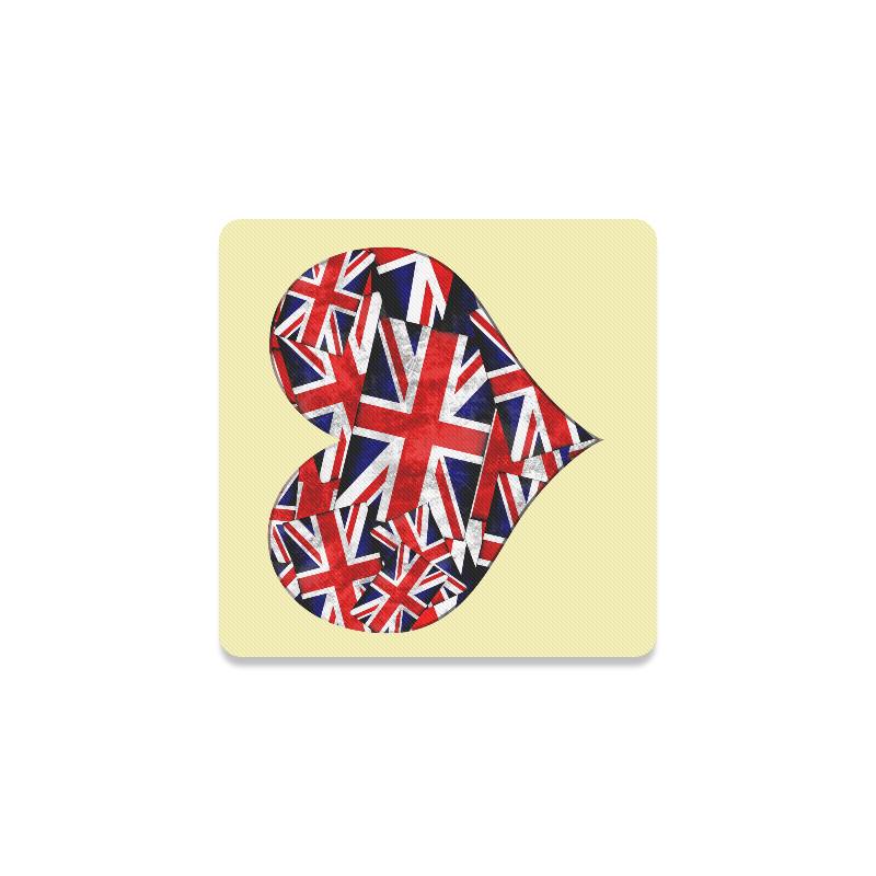 Union Jack British UK Flag Heart Yellow Square Coaster