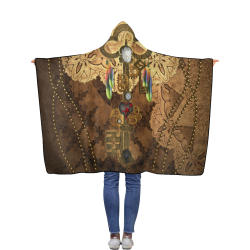 Steampunk, key with clocks, gears and feathers Flannel Hooded Blanket 40''x50''