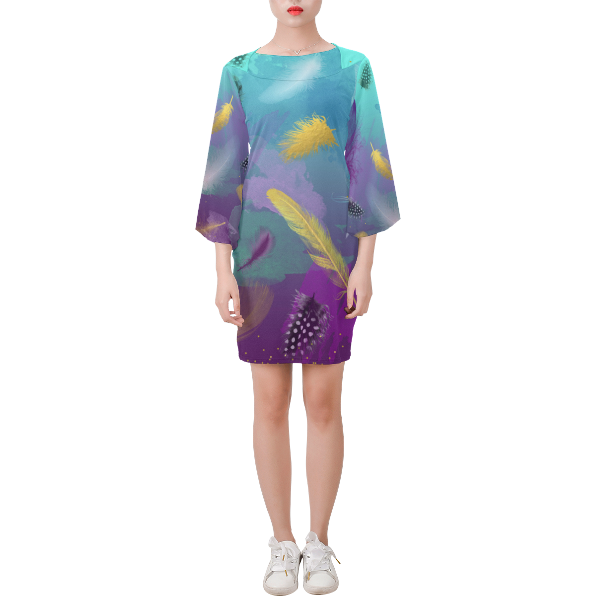 Dancing Feathers - Turquoise and Purple Bell Sleeve Dress (Model D52)
