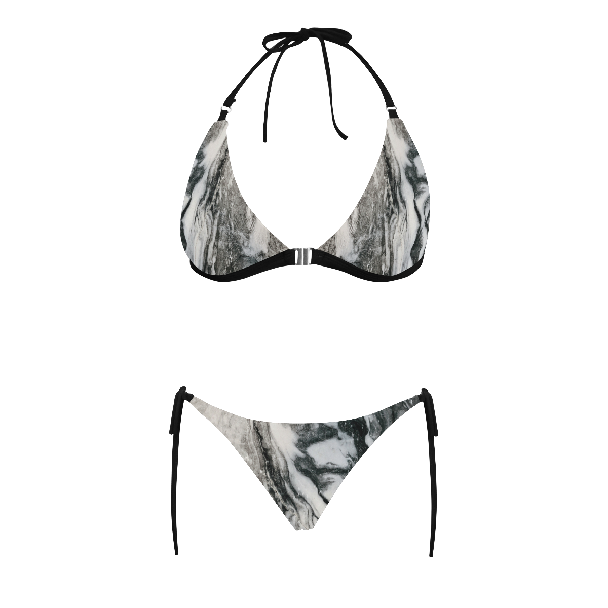 Marble Black & White. Buckle Front Halter Bikini Swimsuit (Model S08)