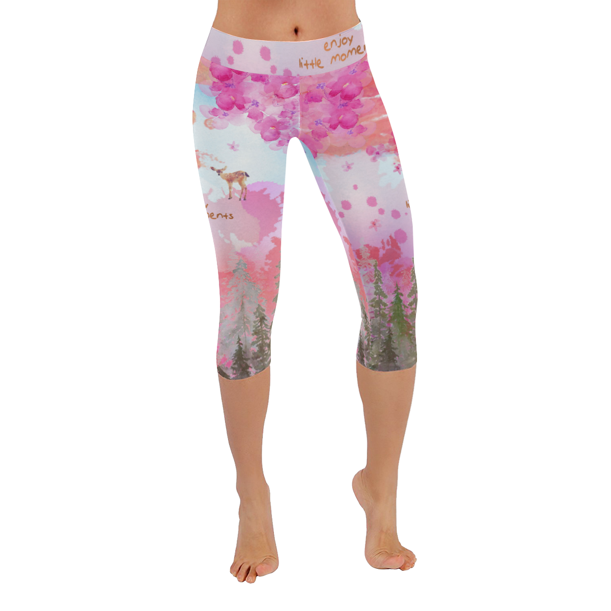 Little Deer in the Magic Pink Forest Women's Low Rise Capri Leggings (Invisible Stitch) (Model L08)