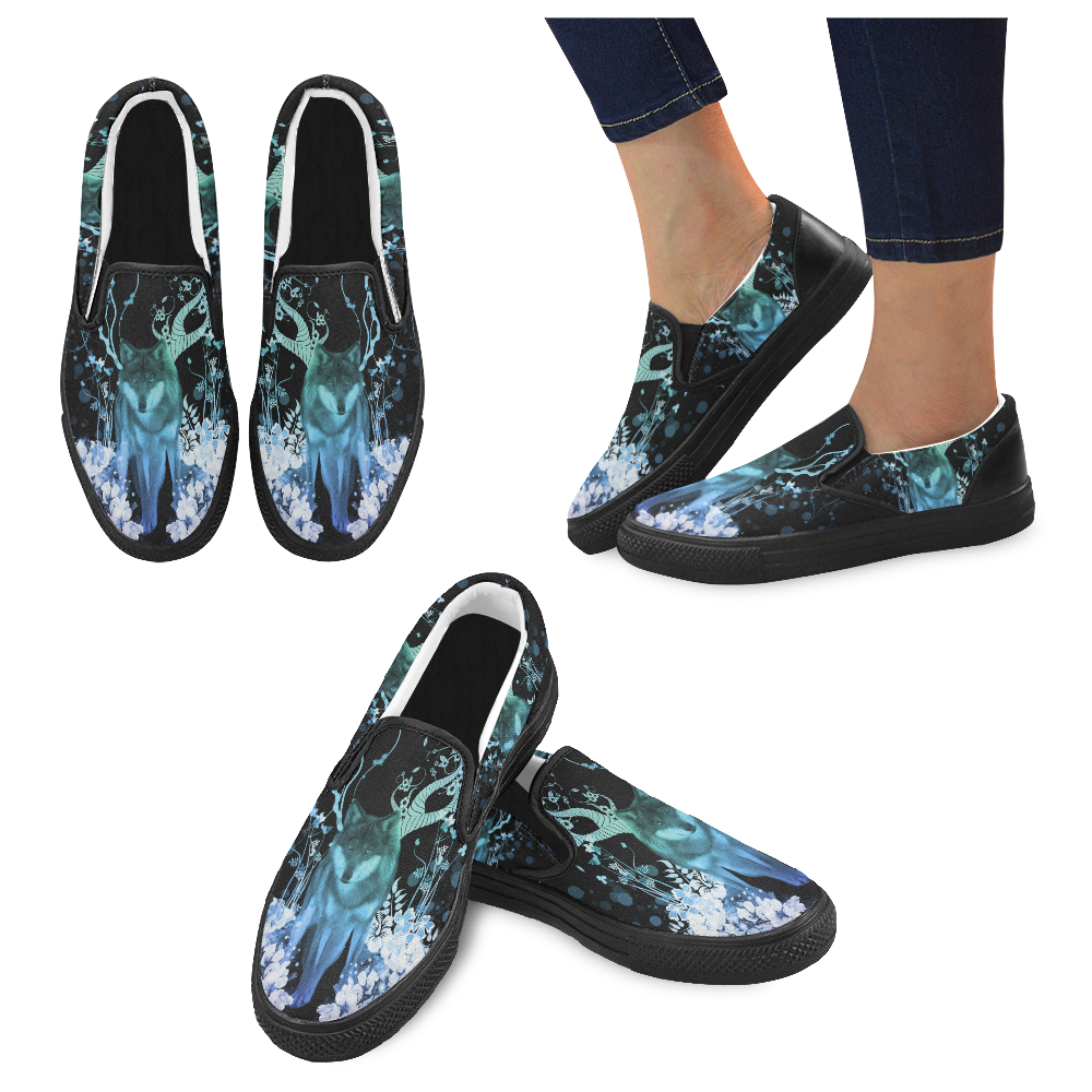Awesome wolf with flowers Women's Slip-on Canvas Shoes (Model 019)