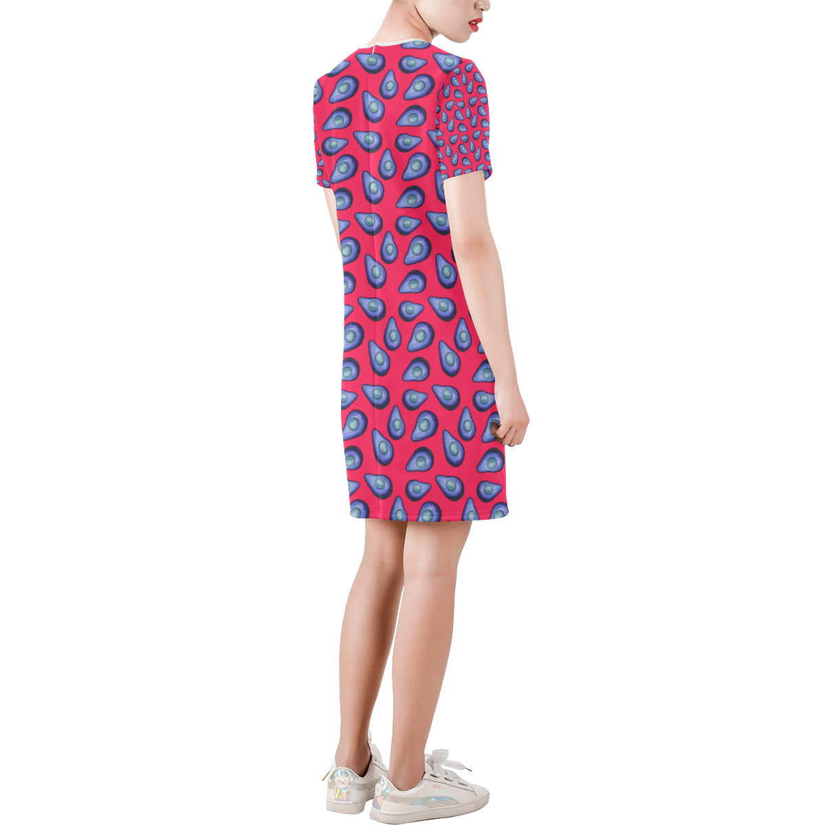 tropical pink avocadoes Short-Sleeve Round Neck A-Line Dress (Model D47)