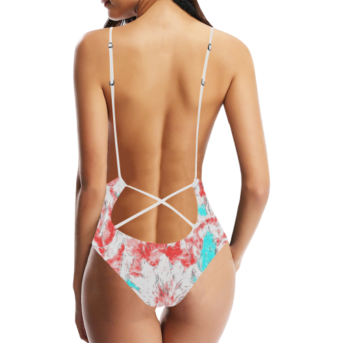 Floral Pink Sketch Art Sexy Lacing Backless One-Piece Swimsuit (Model S10)
