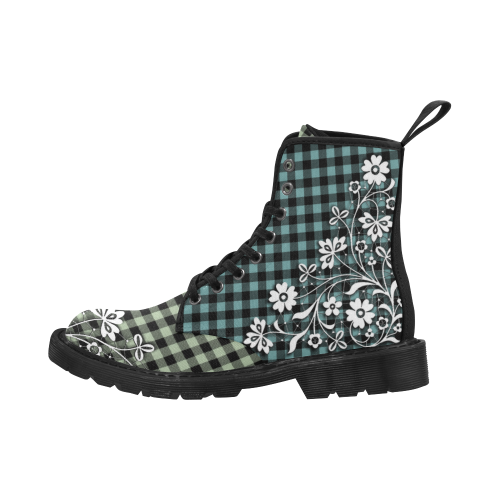 Blooming Teal/Green Buffalo Plaid Martin Boots for Women (Black) (Model 1203H)
