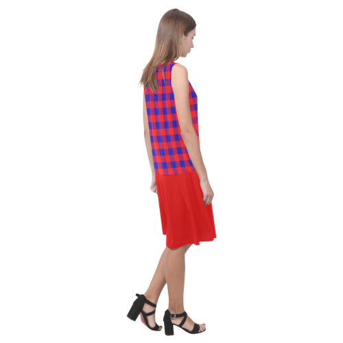 Red and Blue Checkered Sleeveless Splicing Shift Dress(Model D17)