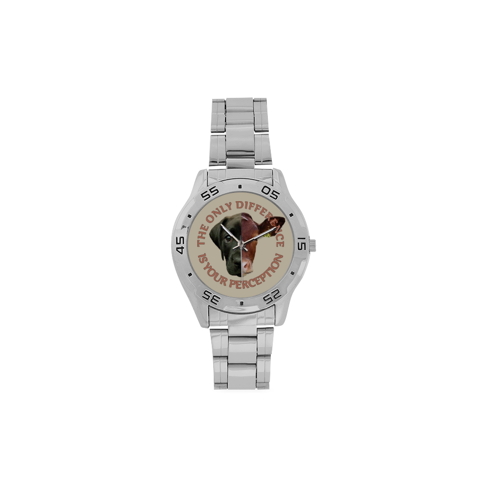 Vegan Cow and Dog Design with Slogan Men's Stainless Steel Analog Watch(Model 108)