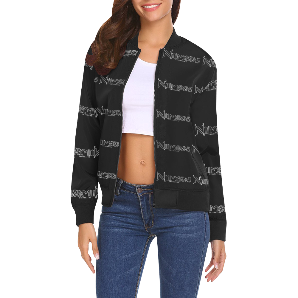 NUMBERS Collection All Over Black All Over Print Bomber Jacket for Women (Model H19)