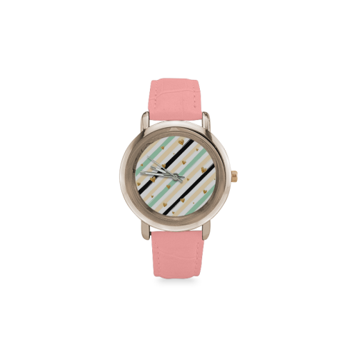 Pink Green Stripe Gold Heart Women's Rose Gold Leather Strap Watch(Model 201)