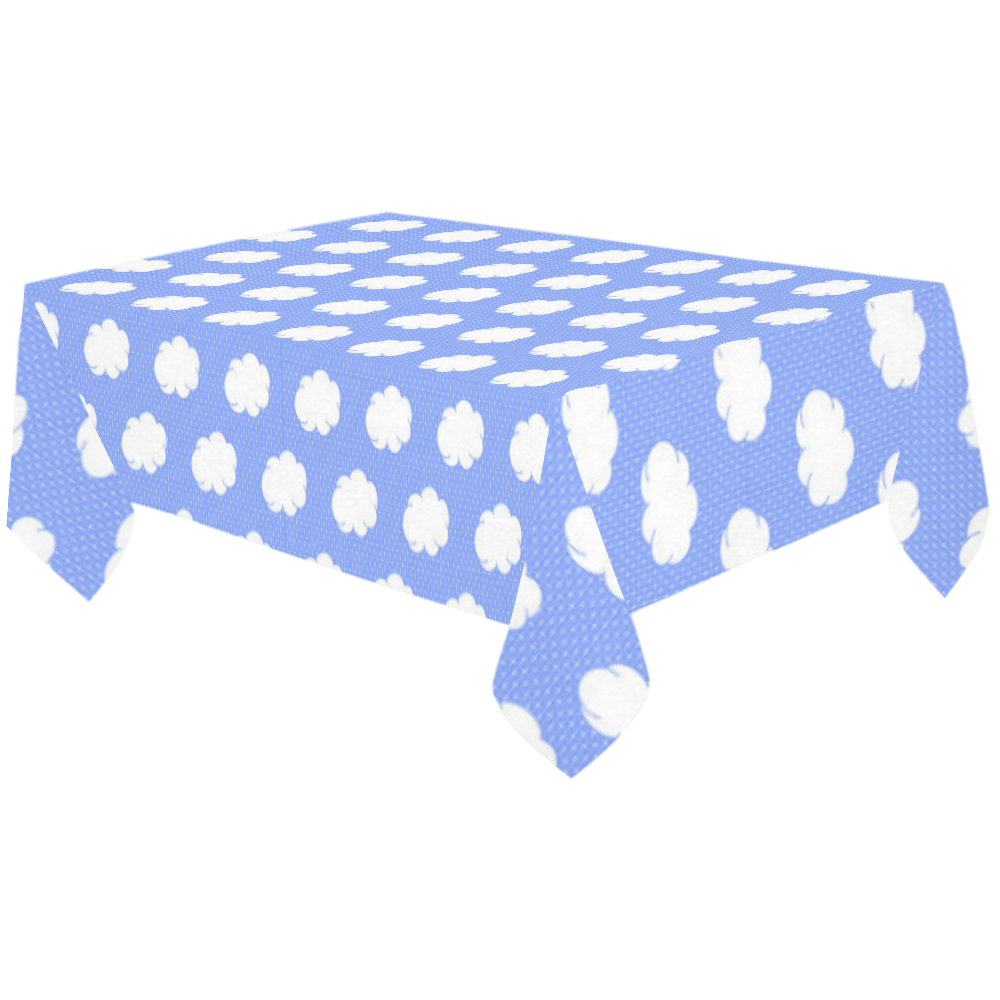 Clouds and Polka Dots on Blue Cotton Linen Tablecloth 60"x120"