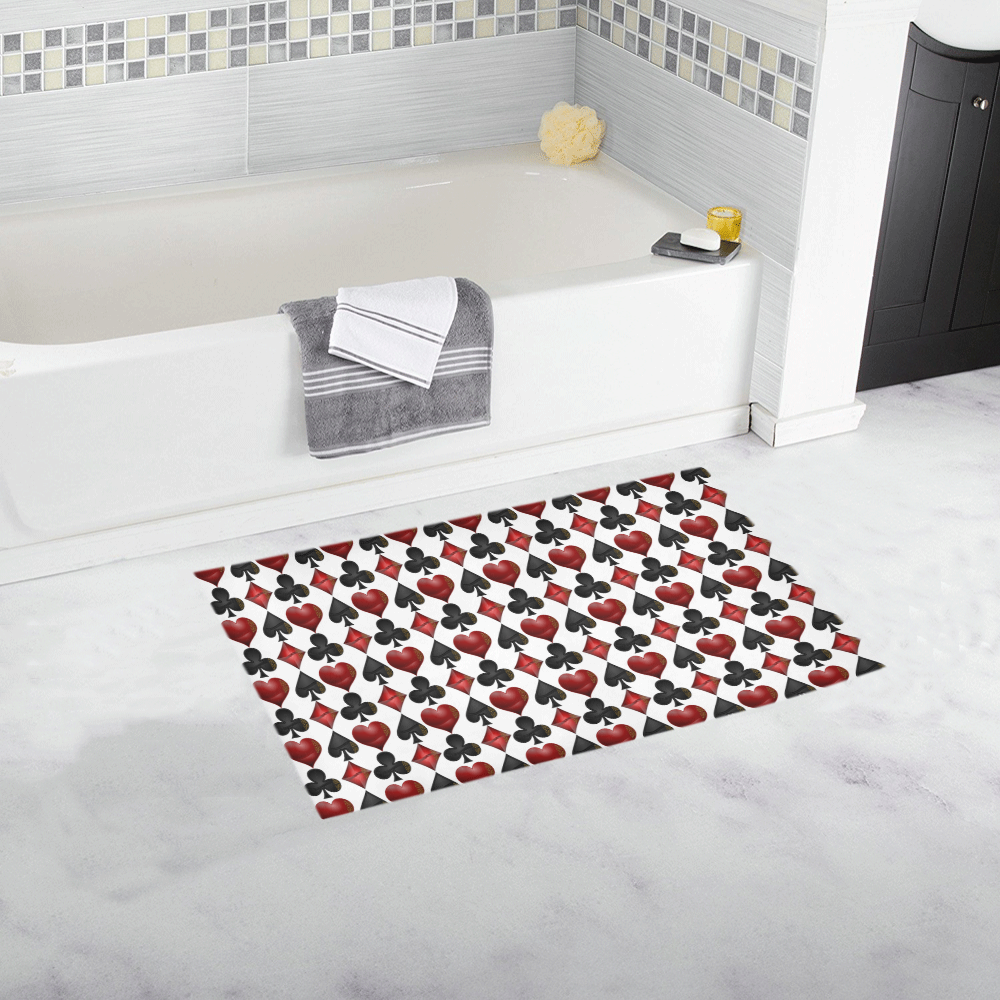 Las Vegas Black and Red Casino Poker Card Shapes on White Bath Rug 16''x 28''