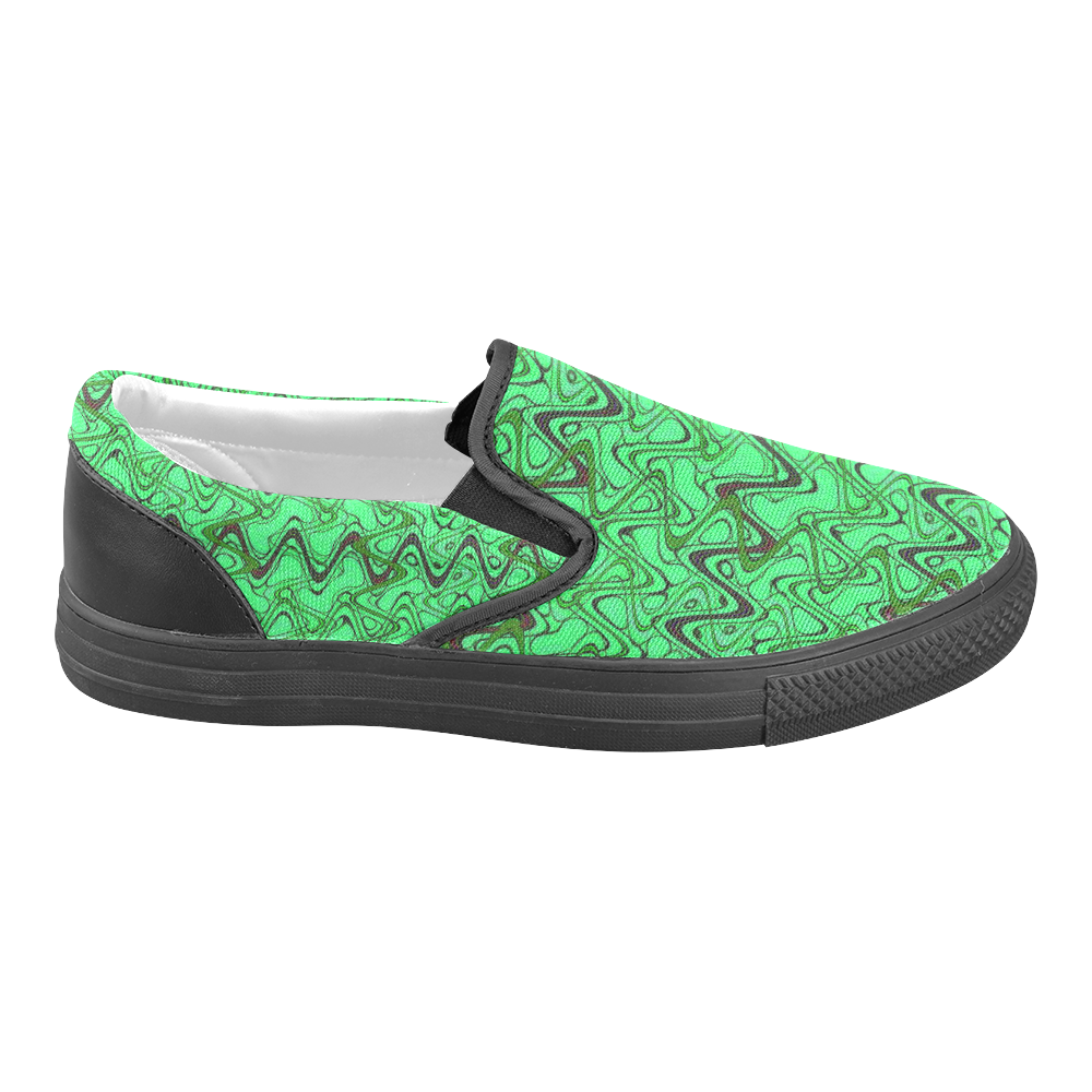 Green and Black Waves pattern design Slip-on Canvas Shoes for Men/Large Size (Model 019)