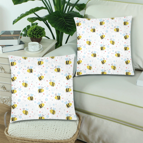 Cute Bee Pattern Custom Zippered Pillow Cases 18"x 18" (Twin Sides) (Set of 2)