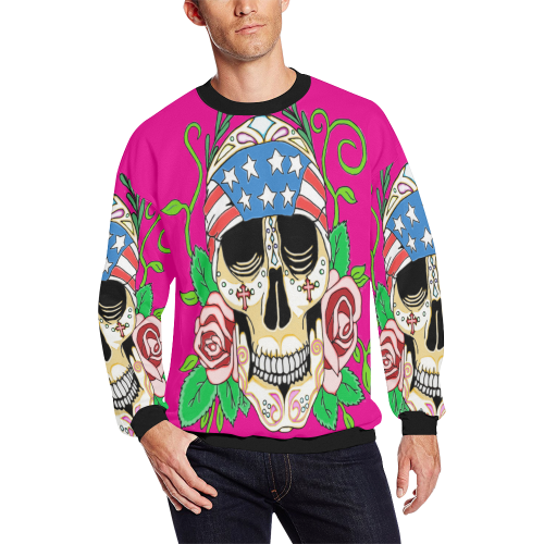 Biker Sugar Skull Pink Men's Oversized Fleece Crew Sweatshirt (Model H18)