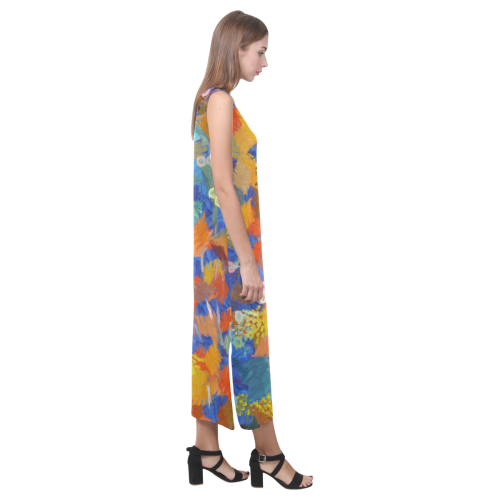 Colorful paint strokes Phaedra Sleeveless Open Fork Long Dress (Model D08)