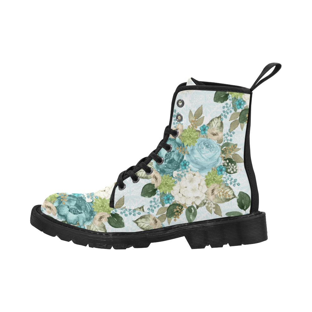 Watercolor Floral Boots, Teal Flower Bouquet Martin Boots for Women (Black) (Model 1203H)