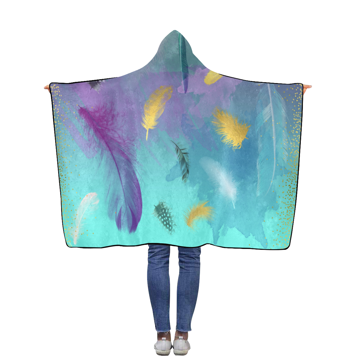 Dancing Feathers - Turquoise and Purple Flannel Hooded Blanket 40''x50''