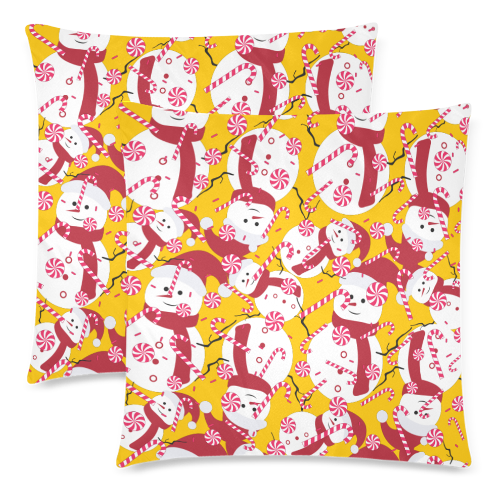CandyCANE SNOWMAN CHRISTMAS YELLOW Custom Zippered Pillow Cases 18"x 18" (Twin Sides) (Set of 2)