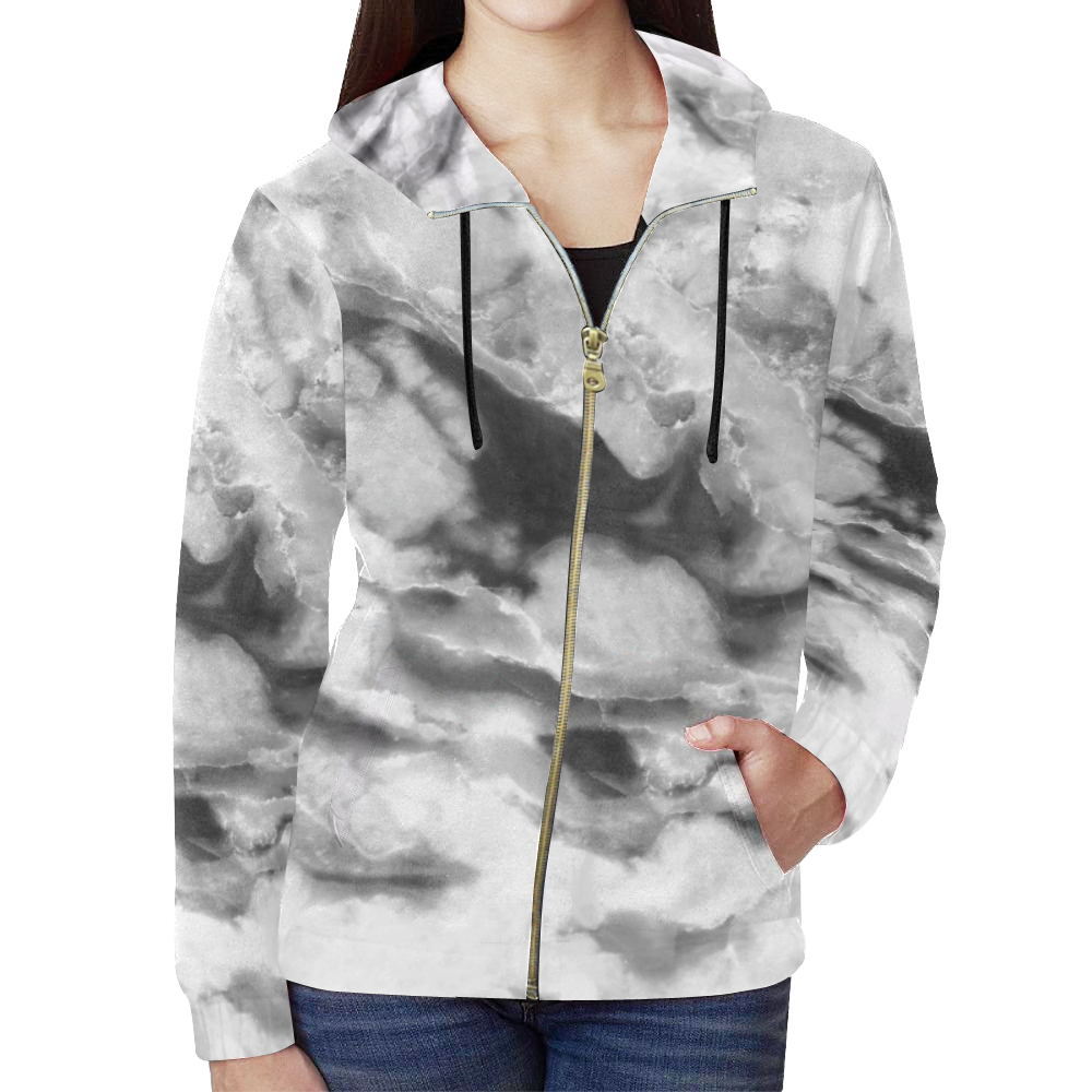 Marble Black and White Pattern All Over Print Full Zip Hoodie for Women (Model H14)