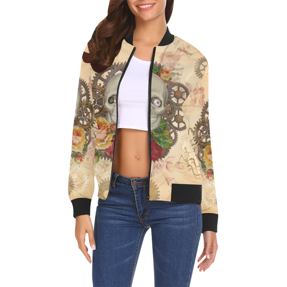 Steampunk Skull With Roses All Over Print Bomber Jacket for Women (Model H19)