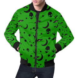 Alien Flying Saucers Stars Pattern on Green All Over Print Bomber Jacket for Men (Model H19)