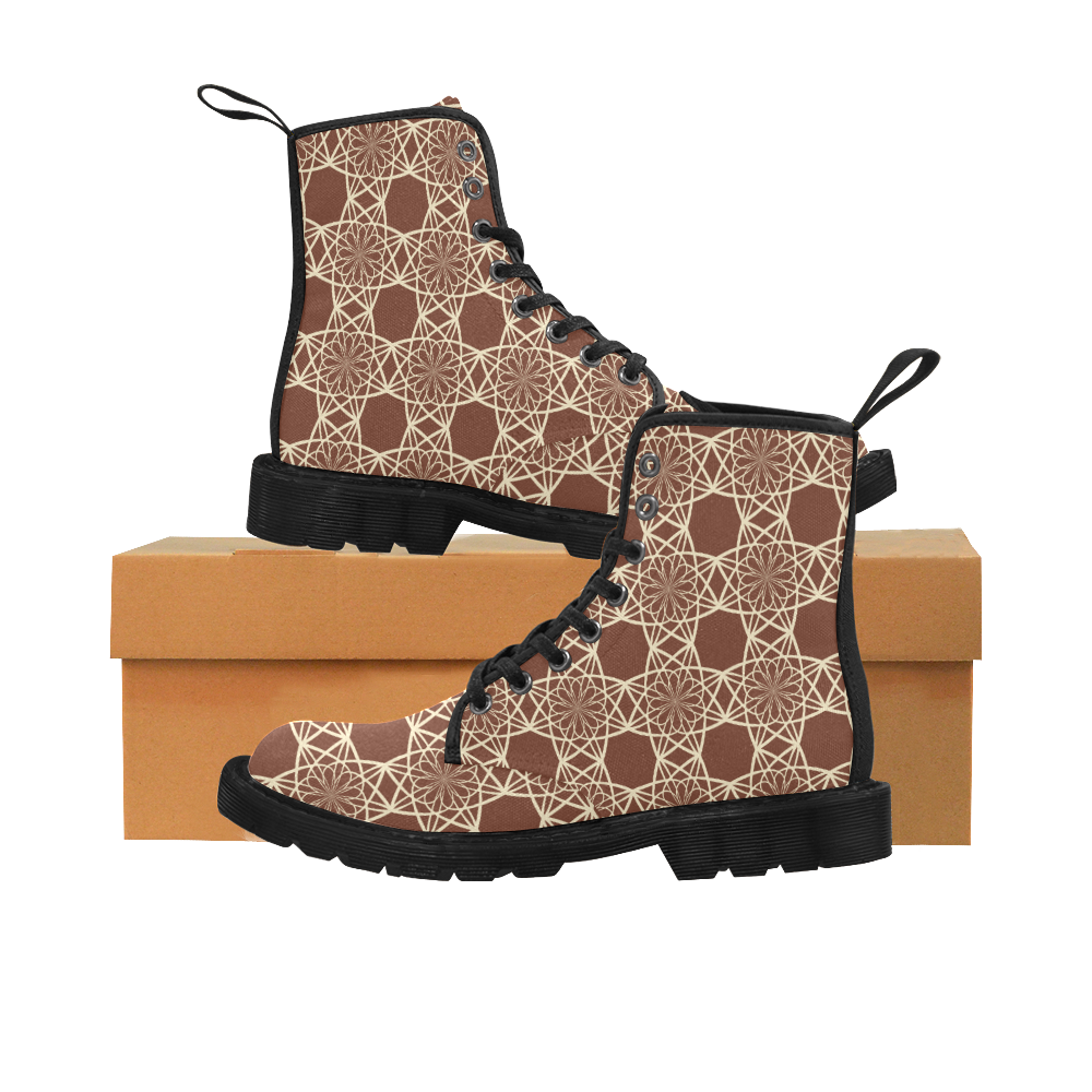 Brown and Beige Flowers Pattern Martin Boots for Men (Black) (Model 1203H)