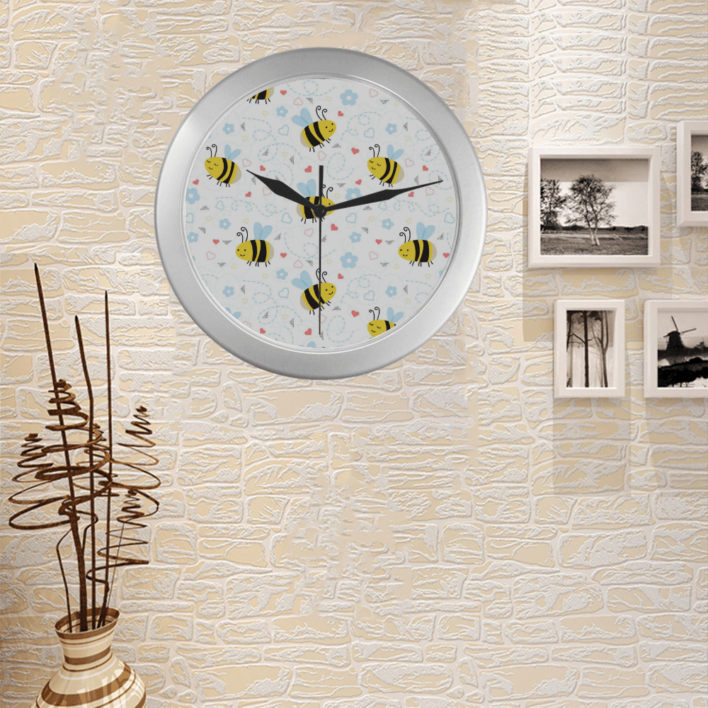 Cute Bee Pattern Silver Color Wall Clock