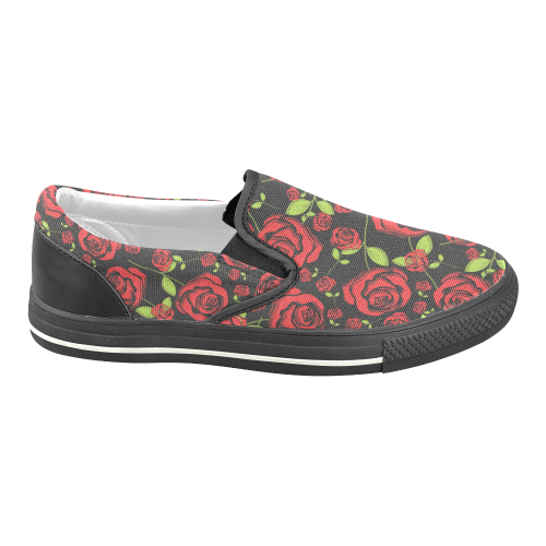 Red Roses on Black Men's Unusual Slip-on Canvas Shoes (Model 019)