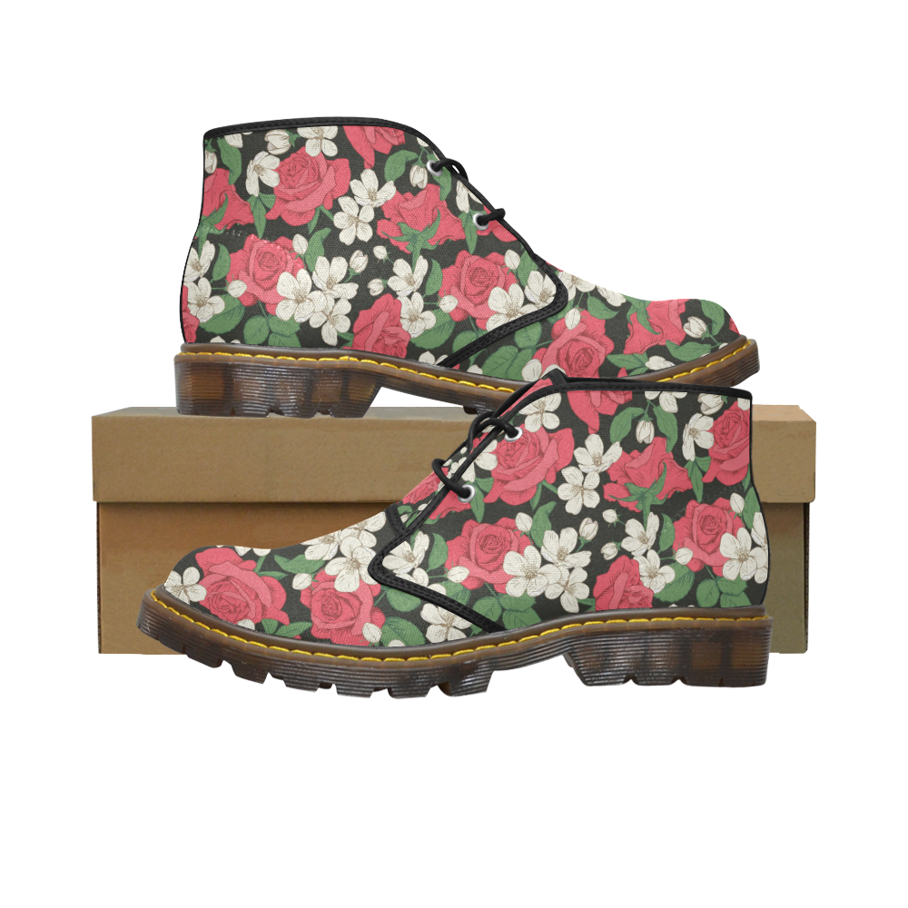 Pink, White and Black Floral Women's Canvas Chukka Boots/Large Size (Model 2402-1)