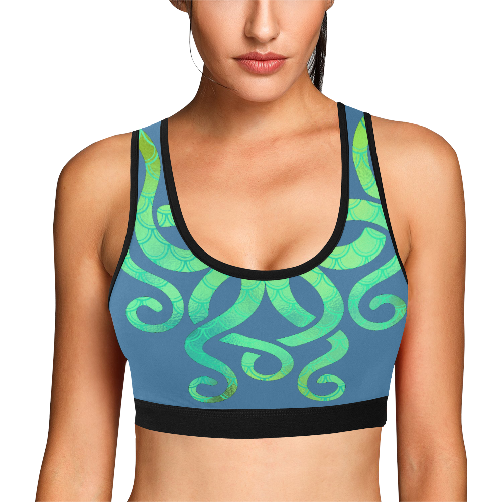 Artsy iridescent green Octopus on Air Force blue Women's All Over Print Sports Bra (Model T52)