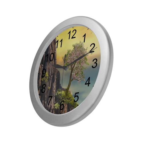 Mountain And A Cherry Tree Silver Color Wall Clock
