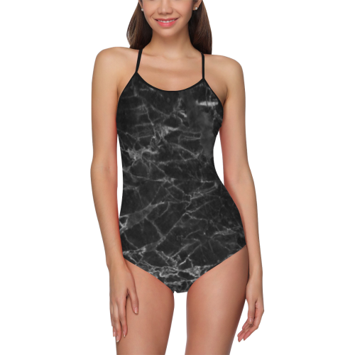 Marble Black Pattern Strap Swimsuit ( Model S05)