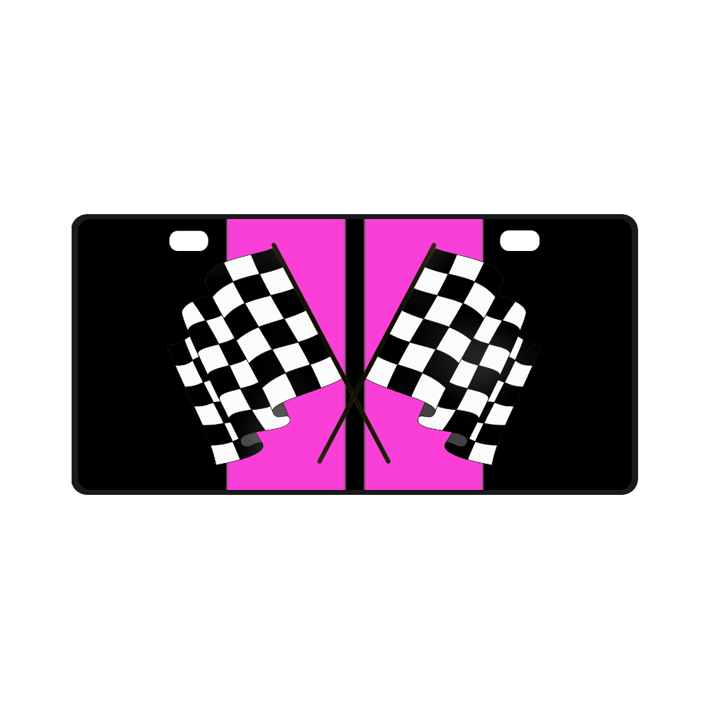 Checkered Flags, Race Car Stripe, Black and Pink License Plate