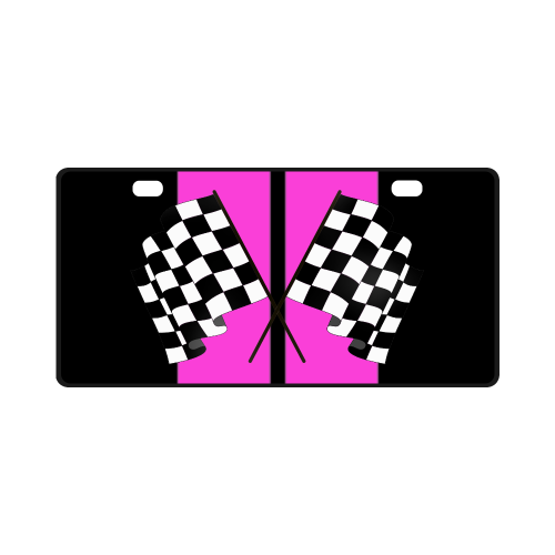 Checkered Flags, Race Car Stripe, Black and Pink License Plate