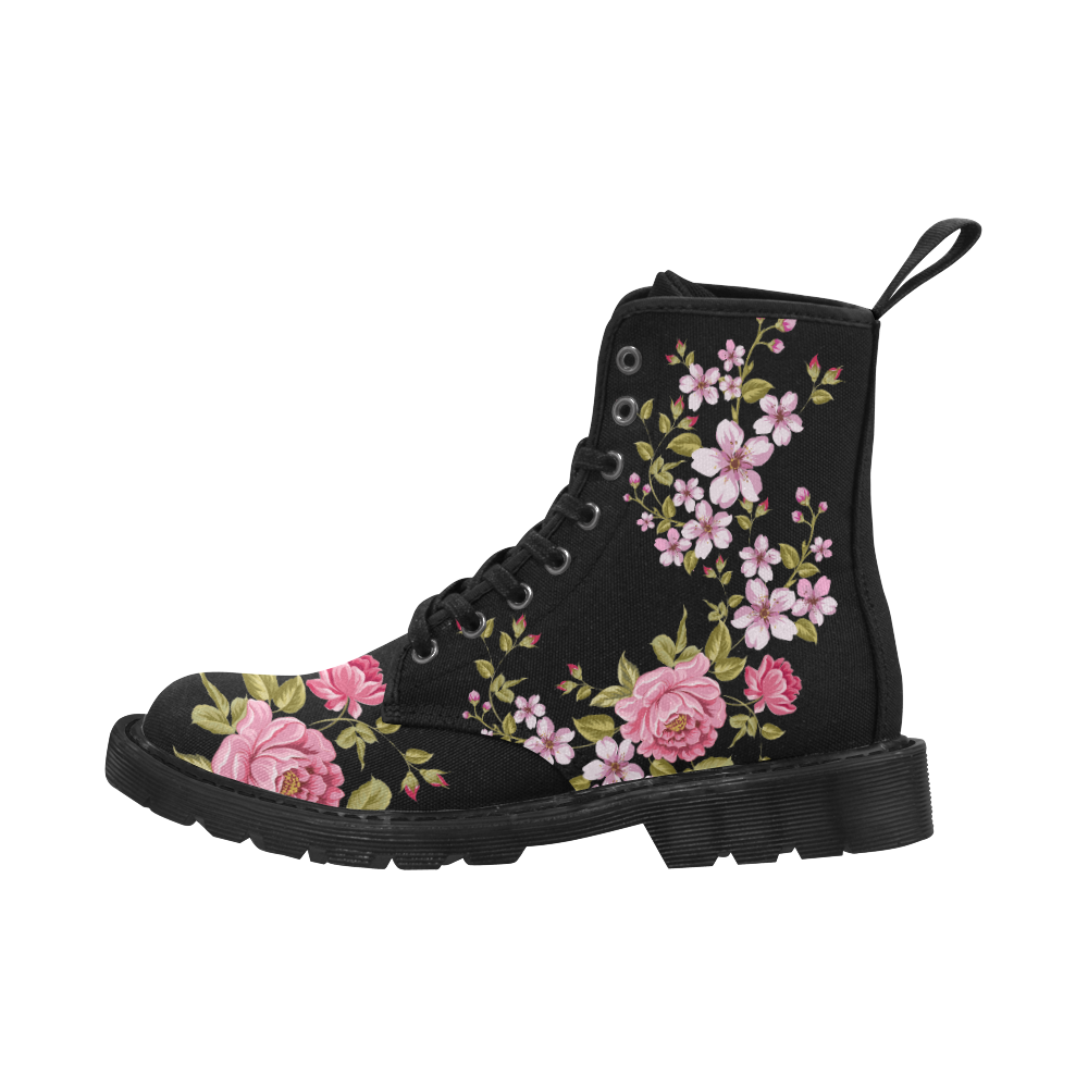 Pure Nature - Summer Of Pink Roses 1 Martin Boots for Women (Black) (Model 1203H)