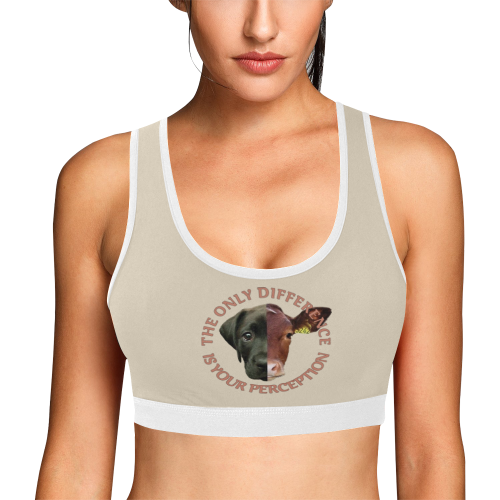 Vegan Cow and Dog Design with Slogan Women's All Over Print Sports Bra (Model T52)