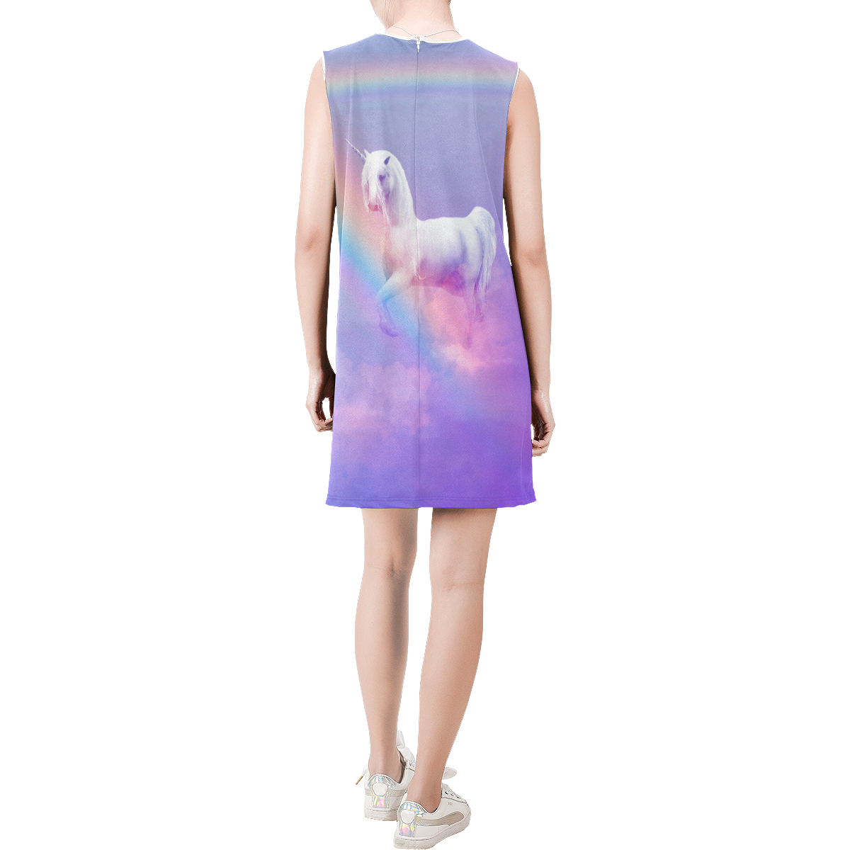 Unicorn and Rainbow Sleeveless Round Neck Shift Dress (Model D51)