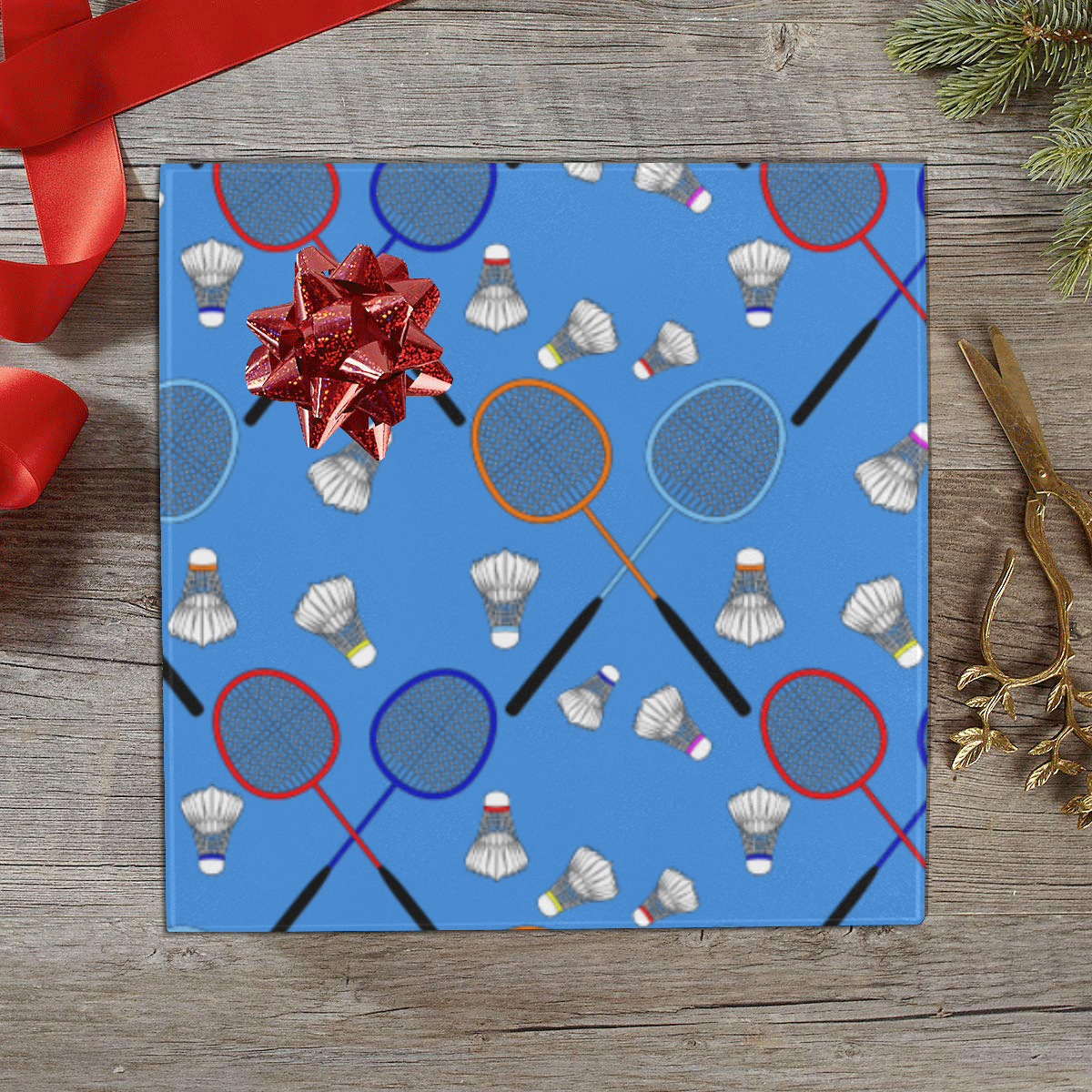 Badminton Rackets and Shuttlecocks Pattern Sports Blue Gift Wrapping Paper 58"x 23" (2 Rolls)