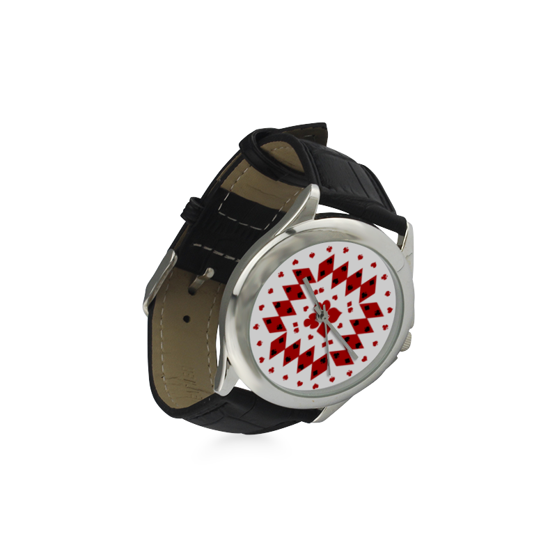 Black and Red Playing Card Shapes Round on White Women's Classic Leather Strap Watch(Model 203)