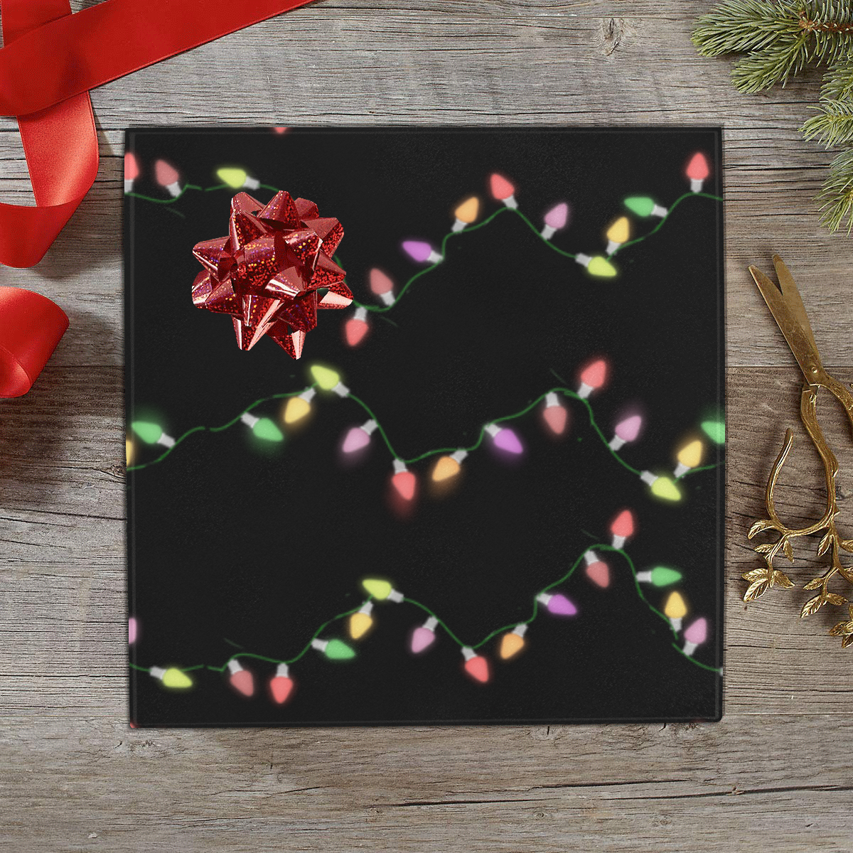 Festive Christmas Lights on Black Gift Wrapping Paper 58"x 23" (5 Rolls)
