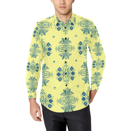 Blue Wall Flower Print on Soft Yellow Field by Aleta Men's All Over Print Casual Dress Shirt (Model T61)