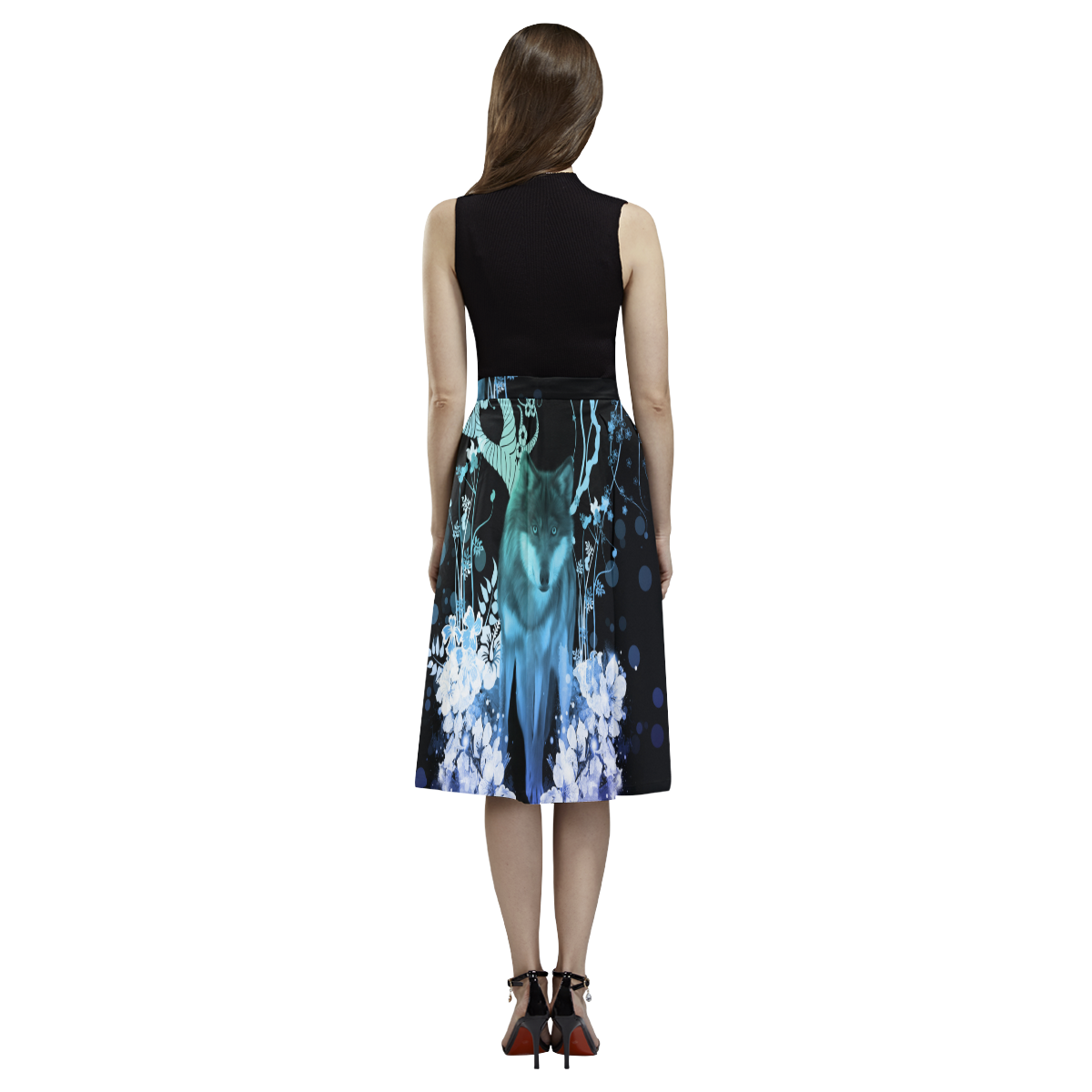 Awesome wolf with flowers Aoede Crepe Skirt (Model D16)