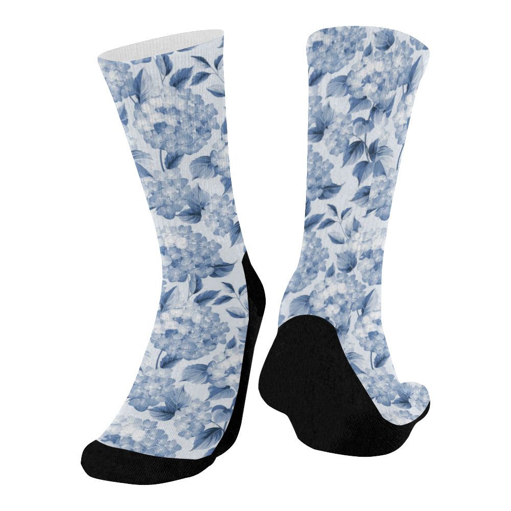 Blue and White Floral Pattern Mid-Calf Socks (Black Sole)