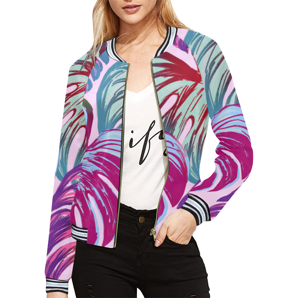 Pretty Leaves B by JamColors All Over Print Bomber Jacket for Women (Model H21)