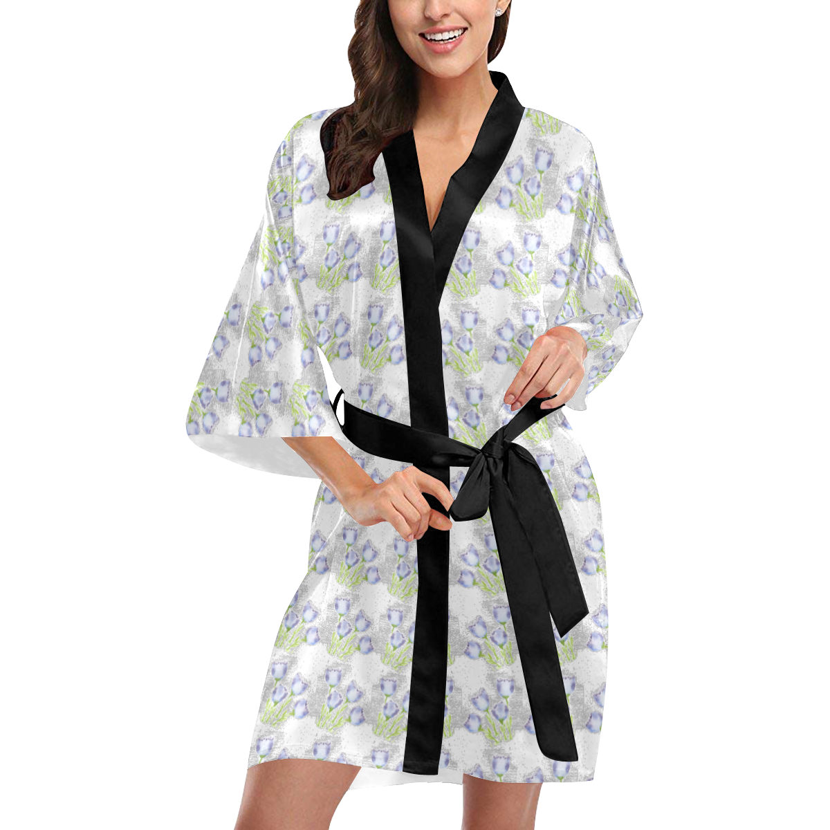 White Kimono Wrap With Lilac Colored Flowers Kimono Robe