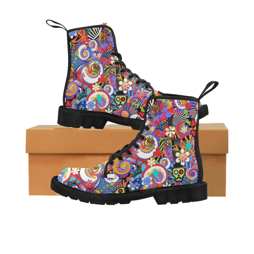 Juleez Sugar Skull Print Boots Martin Boots for Women (Black) (Model 1203H)