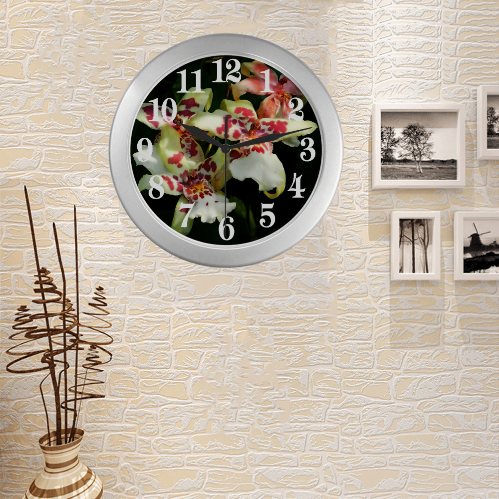 Pink orchids Silver Color Wall Clock